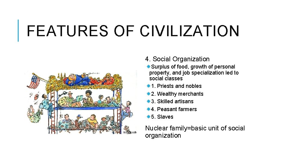 FEATURES OF CIVILIZATION 4. Social Organization Surplus of food, growth of personal property, and
