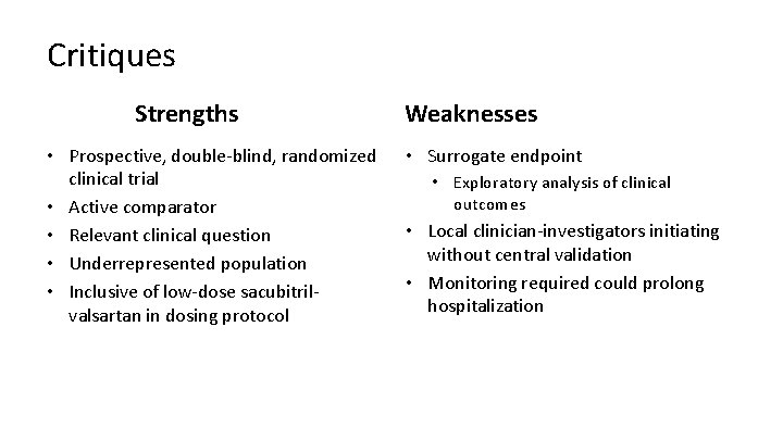 Critiques Strengths • Prospective, double‐blind, randomized clinical trial • Active comparator • Relevant clinical