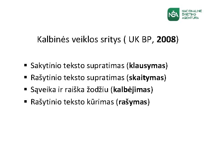 Kalbinės veiklos sritys ( UK BP, 2008) § § Sakytinio teksto supratimas (klausymas) Rašytinio