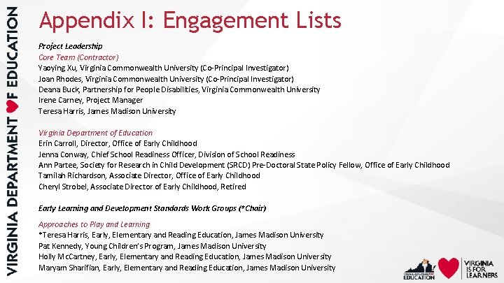 Appendix I: Engagement Lists Project Leadership Core Team (Contractor) Yaoying Xu, Virginia Commonwealth University