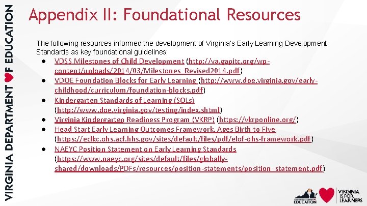 Appendix II: Foundational Resources The following resources informed the development of Virginia’s Early Learning