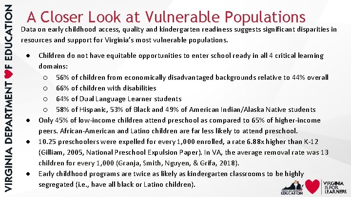 A Closer Look at Vulnerable Populations Data on early childhood access, quality and kindergarten