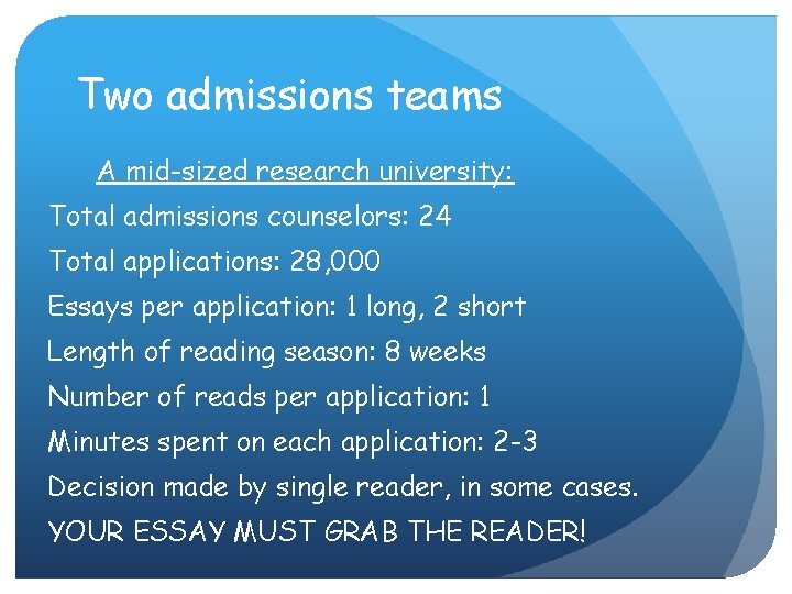 Two admissions teams A mid-sized research university: Total admissions counselors: 24 Total applications: 28,