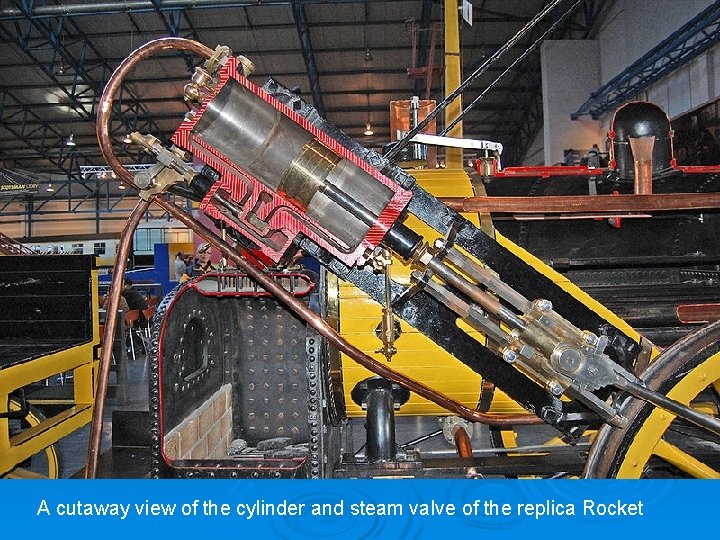 A cutaway view of the cylinder and steam valve of the replica Rocket 