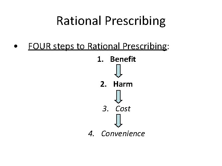 Rational Prescribing • FOUR steps to Rational Prescribing: 1. Benefit 2. Harm 3. Cost