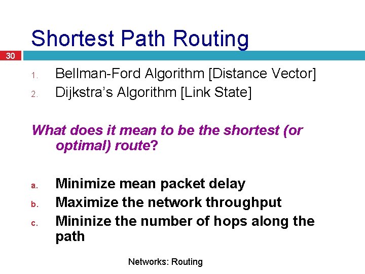 30 Shortest Path Routing 1. 2. Bellman-Ford Algorithm [Distance Vector] Dijkstra’s Algorithm [Link State]
