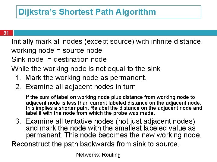 Dijkstra’s Shortest Path Algorithm 31 Initially mark all nodes (except source) with infinite distance. Dijkstra’s Shortest Path Algorithm 31 Initially mark all nodes (except source) with infinite distance.