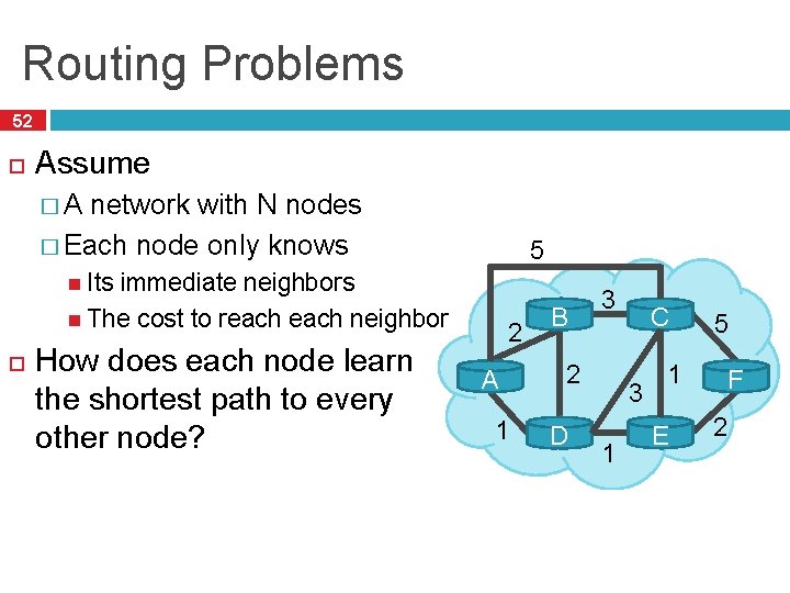 Routing Problems 52 Assume �A network with N nodes � Each node only knows Routing Problems 52 Assume �A network with N nodes � Each node only knows