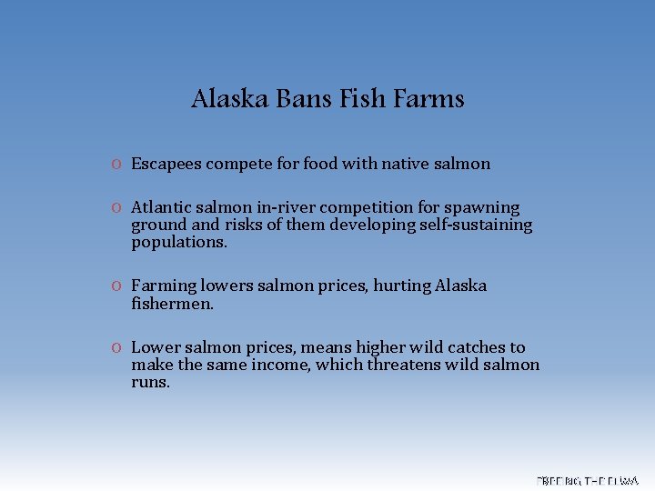 Alaska Bans Fish Farms O Escapees compete for food with native salmon O Atlantic