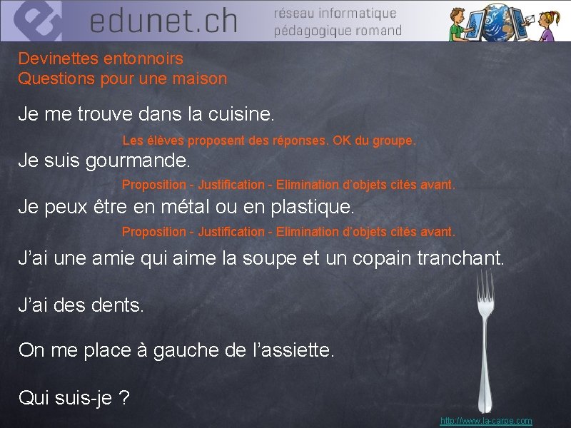 Devinettes entonnoirs Questions pour une maison Je me trouve dans la cuisine. Les élèves