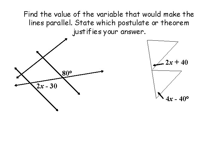 Find the value of the variable that would make the lines parallel. State which