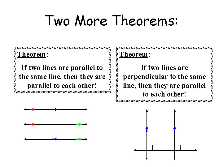 Two More Theorems: Theorem: If two lines are parallel to the same line, then