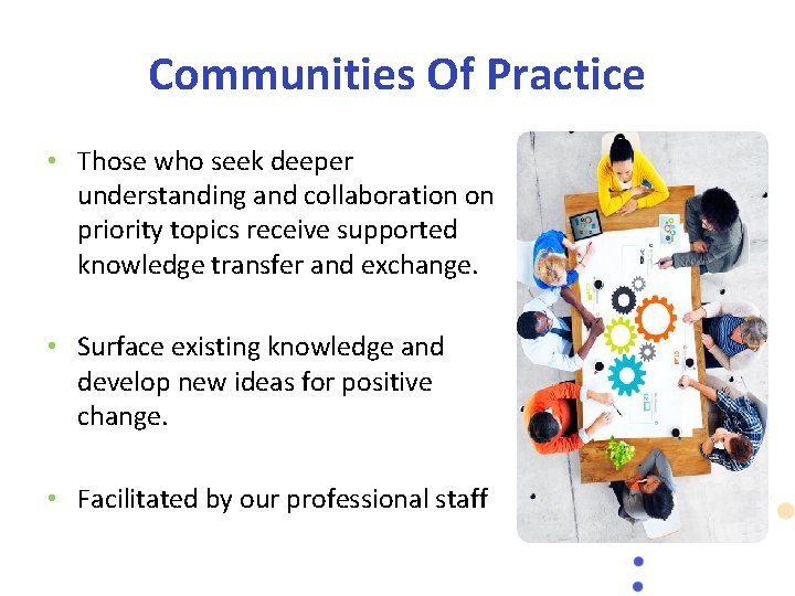 Communities Of Practice • Those who seek deeper understanding and collaboration on priority topics