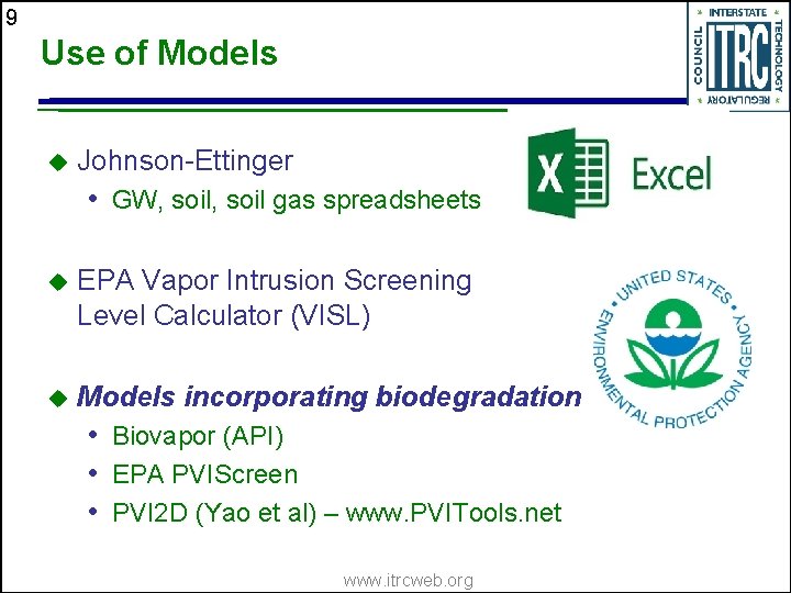 9 Use of Models u Johnson-Ettinger • GW, soil gas spreadsheets u EPA Vapor