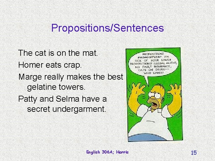 Propositions/Sentences The cat is on the mat. Homer eats crap. Marge really makes the