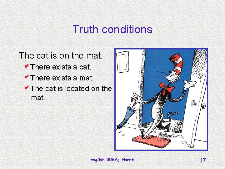 Truth conditions The cat is on the mat. There exists a cat. There exists