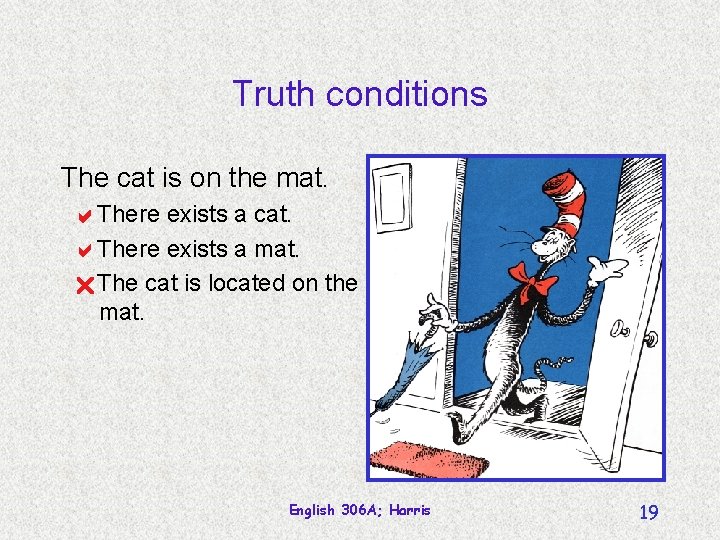 Truth conditions The cat is on the mat. There exists a cat. There exists