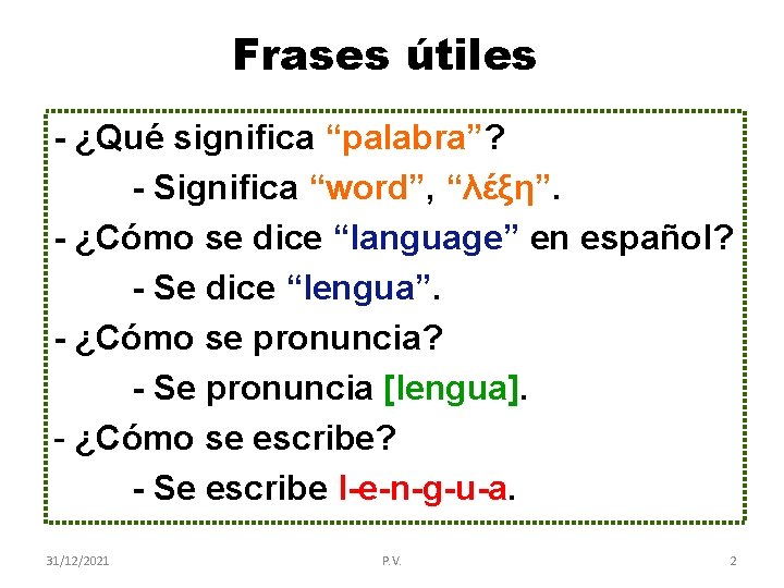 Frases útiles - ¿Qué significa “palabra”? - Significa “word”, “λέξη”. - ¿Cómo se dice