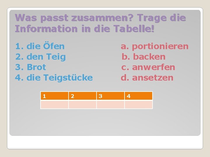 Was passt zusammen? Trage die Information in die Tabelle! 1. 2. 3. 4. die