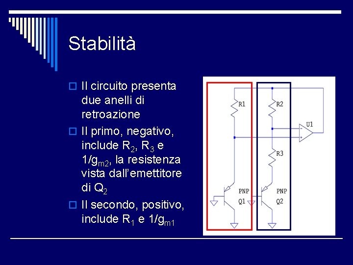 Stabilità o Il circuito presenta due anelli di retroazione o Il primo, negativo, include