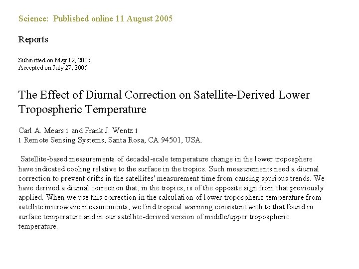 Science: Published online 11 August 2005 Reports Submitted on May 12, 2005 Accepted on