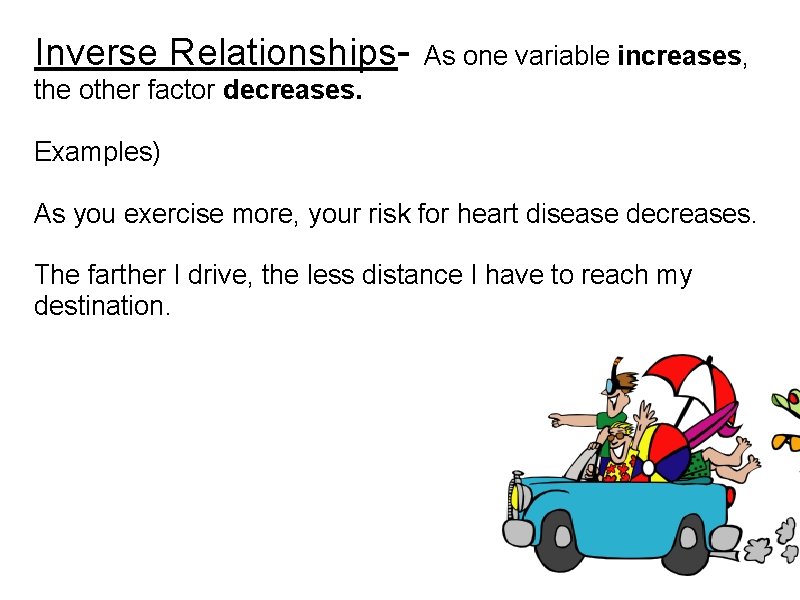 Inverse Relationships- As one variable increases, the other factor decreases. Examples) As you exercise