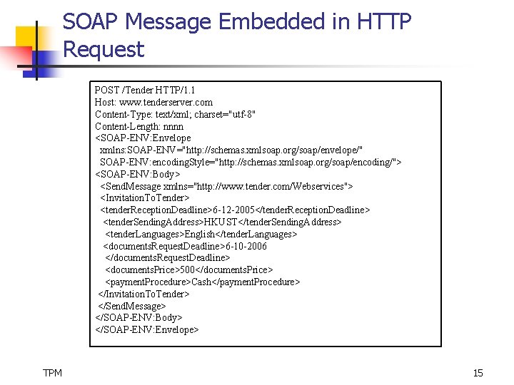 SOAP Message Embedded in HTTP Request POST /Tender HTTP/1. 1 Host: www. tenderserver. com