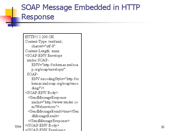SOAP Message Embedded in HTTP Response HTTP/1. 1 200 OK Content-Type: text/xml; charset="utf-8" Content-Length:
