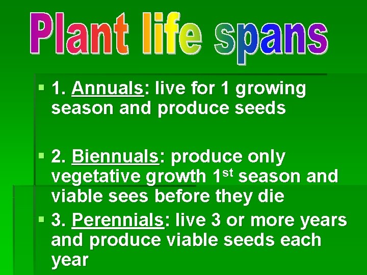 § 1. Annuals: live for 1 growing season and produce seeds § 2. Biennuals: