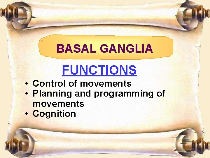 BASAL GANGLIA FUNCTIONS • Control of movements • Planning and programming of movements • BASAL GANGLIA FUNCTIONS • Control of movements • Planning and programming of movements •