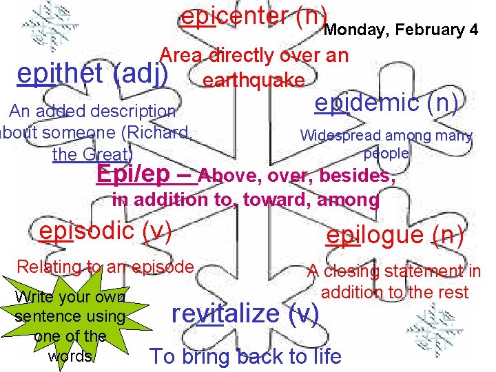 epicenter (n)Monday, February 4 epithet Area directly over an (adj) earthquake An added description