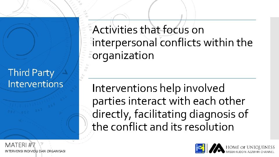 Activities that focus on interpersonal conflicts within the organization Third Party Interventions MATERI #7