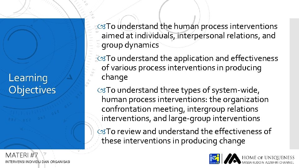 Learning Objectives MATERI #7 INTERVENSI INDIVIDU DAN ORGANISASI To understand the human process interventions