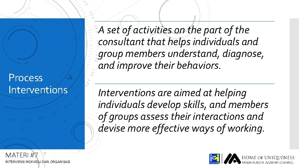 Process Interventions MATERI #7 INTERVENSI INDIVIDU DAN ORGANISASI A set of activities on the