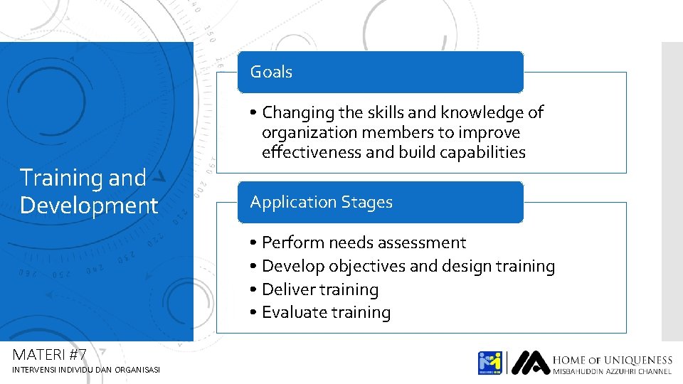 Goals Training and Development • Changing the skills and knowledge of organization members to