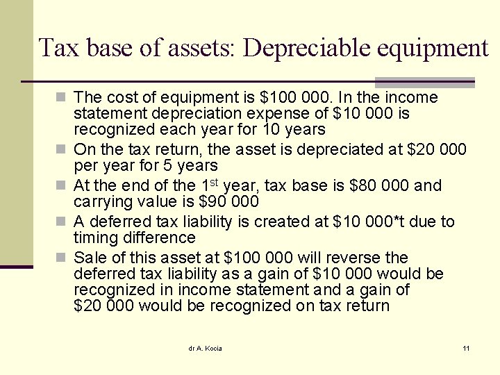 Tax base of assets: Depreciable equipment n The cost of equipment is $100 000.