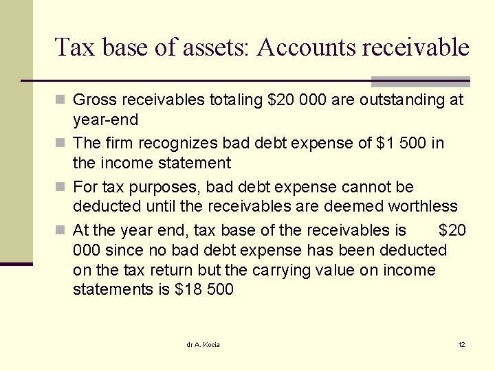 Tax base of assets: Accounts receivable n Gross receivables totaling $20 000 are outstanding