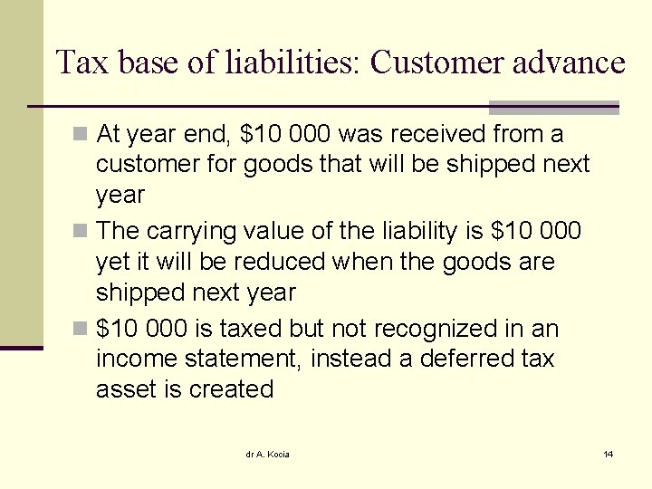 Tax base of liabilities: Customer advance n At year end, $10 000 was received