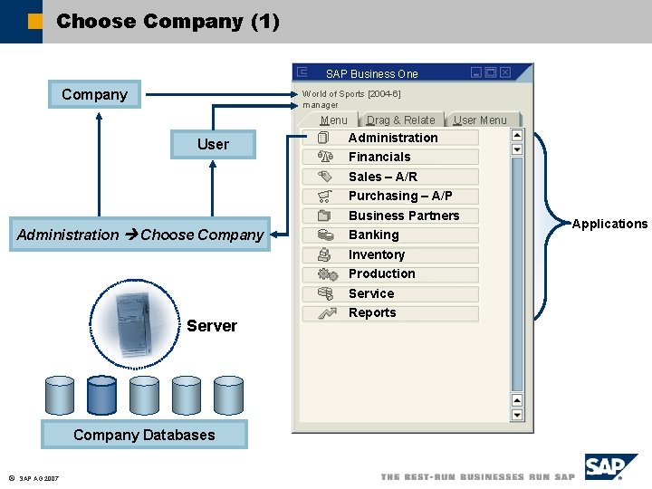 Choose Company (1) SAP Business One Company World of Sports [2004 -6] manager Menu