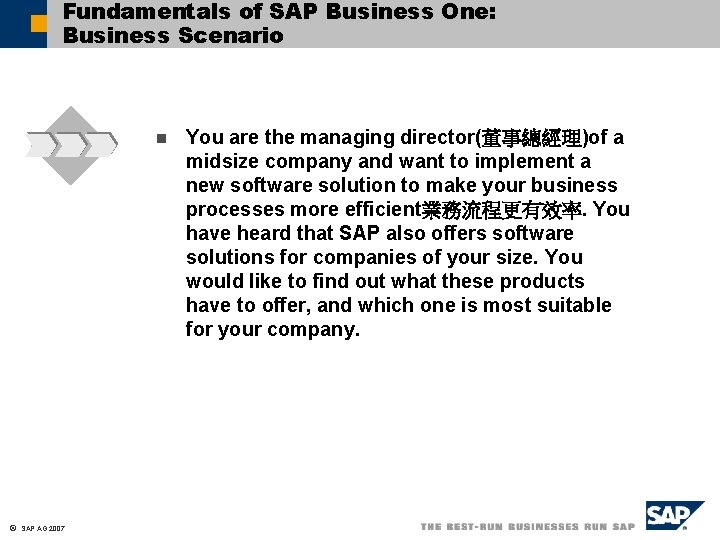 Fundamentals of SAP Business One: Business Scenario n ã SAP AG 2007 You are