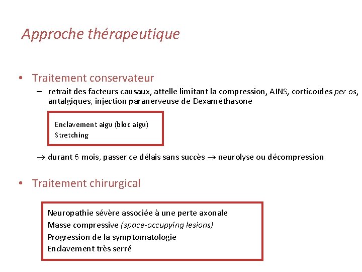 Approche thérapeutique • Traitement conservateur – retrait des facteurs causaux, attelle limitant la compression,