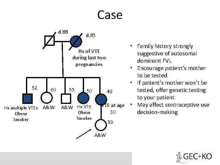 Case d. 88 d. 85 • Family history strongly Hx of VTE suggestive of