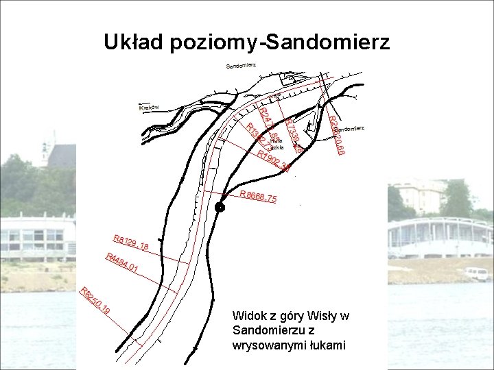 Układ poziomy-Sandomierz Widok z góry Wisły w Sandomierzu z wrysowanymi łukami 