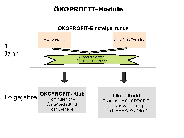 ÖKOPROFIT-Module ÖKOPROFIT-Einsteigerrunde 1. Jahr Folgejahre Workshops Vor- Ort -Termine Ausgezeichneter ÖKOPROFIT-Betrieb ÖKOPROFIT- Klub Kontinuierliche