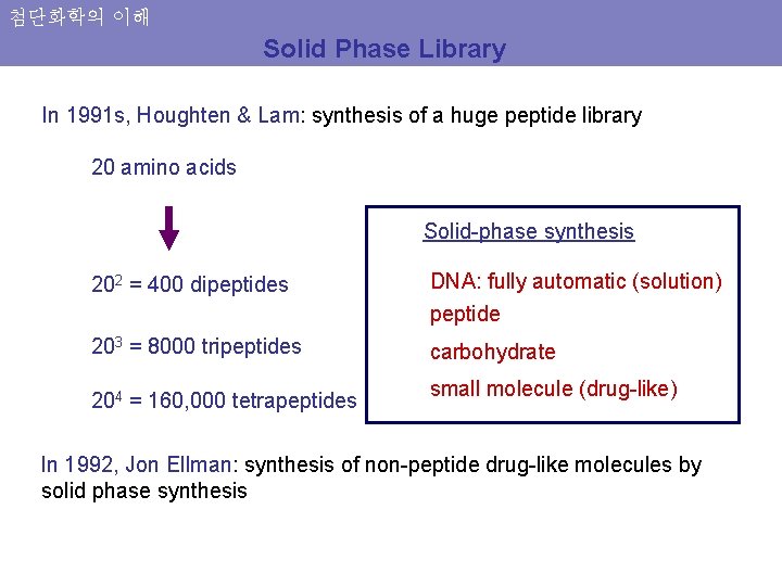 첨단화학의 이해 Solid Phase Library In 1991 s, Houghten & Lam: synthesis of a