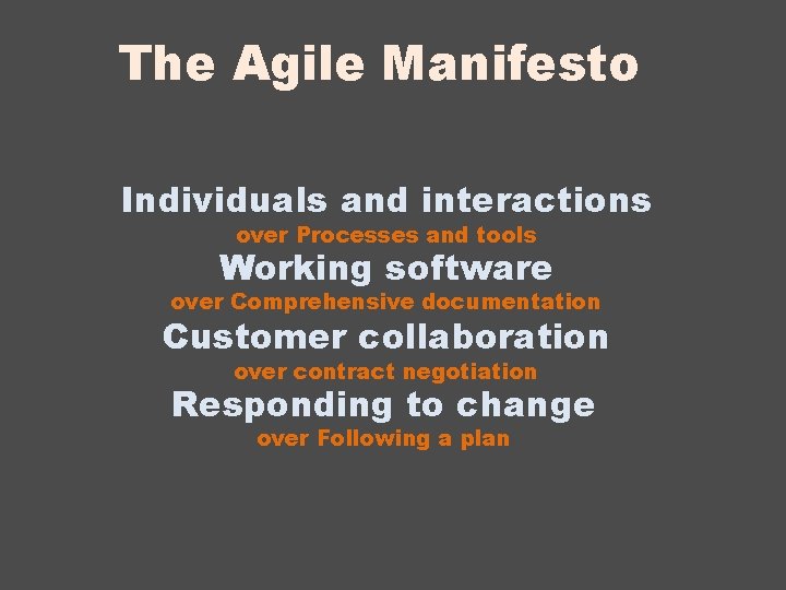 The Agile Manifesto Individuals and interactions over Processes and tools Working software over Comprehensive