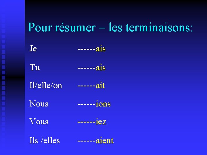 Pour résumer – les terminaisons: Je ------ais Tu ------ais Il/elle/on ------ait Nous ------ions Vous