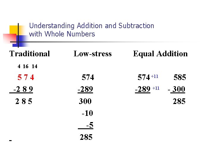 Understanding Addition and Subtraction with Whole Numbers Traditional Low-stress Equal Addition 4 16 14 Understanding Addition and Subtraction with Whole Numbers Traditional Low-stress Equal Addition 4 16 14