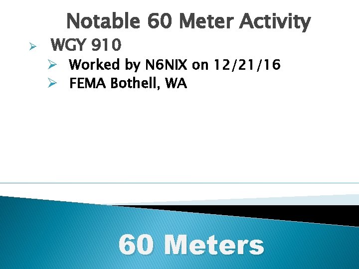 Notable 60 Meter Activity Ø WGY 910 Ø Worked by N 6 NIX on
