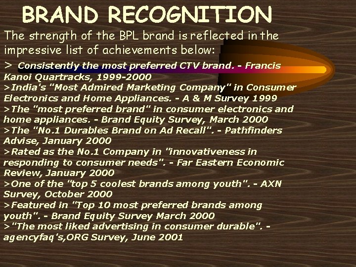 BRAND RECOGNITION The strength of the BPL brand is reflected in the impressive list
